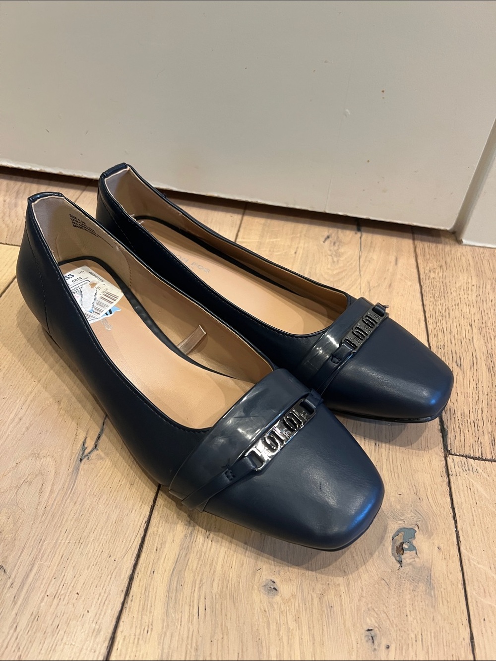 Leather Navy Square-Toe Ballet Flats with Decorative Hardware